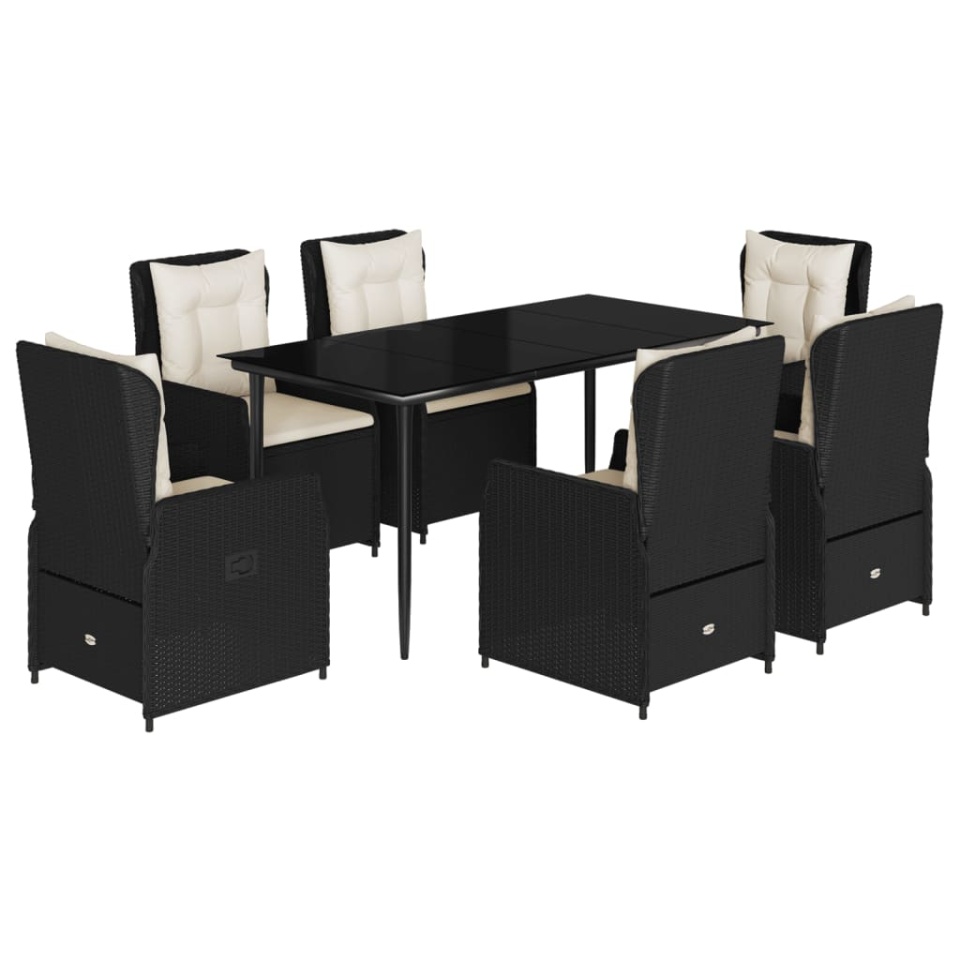 Set mobilier de grădină cu perne, 7 piese, negru, poliratan - 1 | YEO