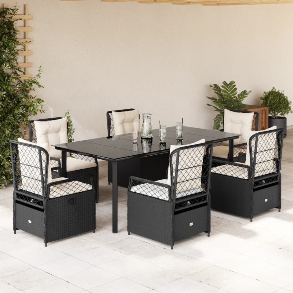 Set mobilier de grădină cu perne, 7 piese, negru, poliratan