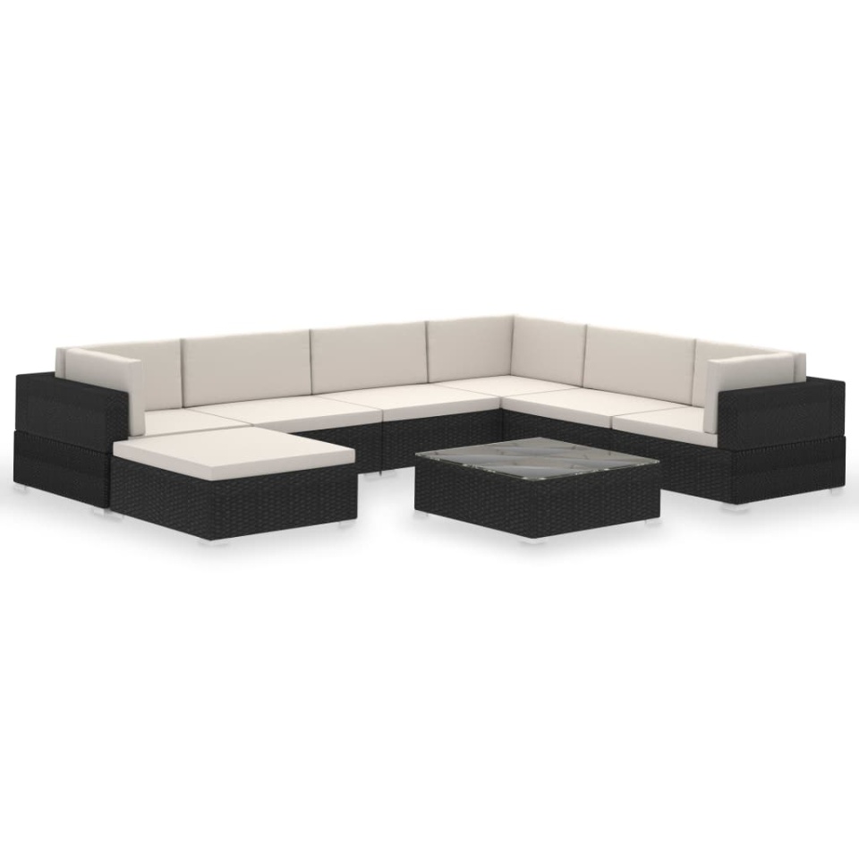 Set mobilier de grădină cu perne, 8 piese, negru, poliratan - 1 | YEO