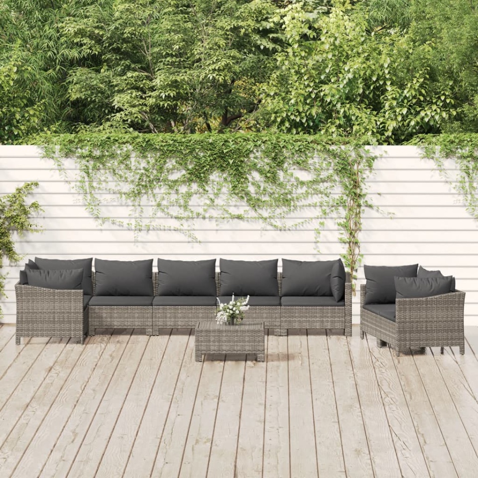Set mobilier de grădină cu perne, 9 piese, gri, poliratan