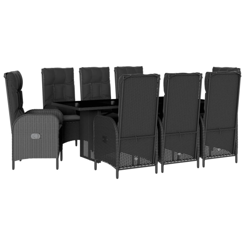 Set mobilier de grădină cu perne, 9 piese, negru, poliratan - 1 | YEO