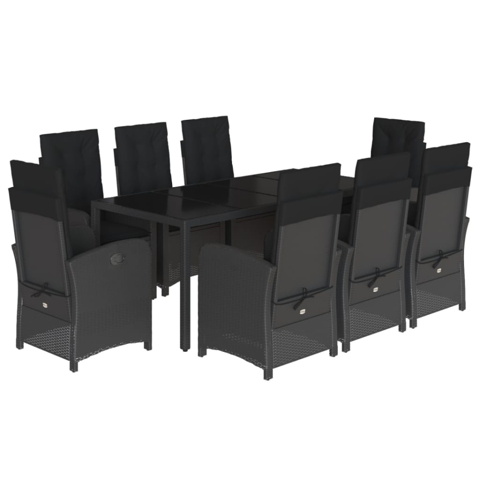 Set mobilier de grădină cu perne, 9 piese, negru, poliratan - 1 | YEO