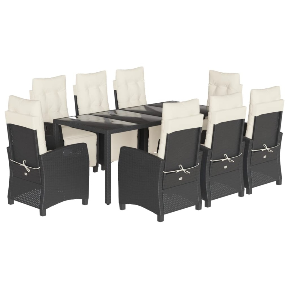 Set mobilier de grădină cu perne, 9 piese, negru, poliratan - 1 | YEO