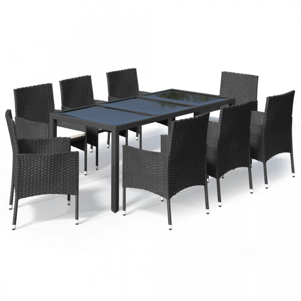 Set mobilier de grădină cu perne, 9 piese, negru, poliratan - 1 | YEO