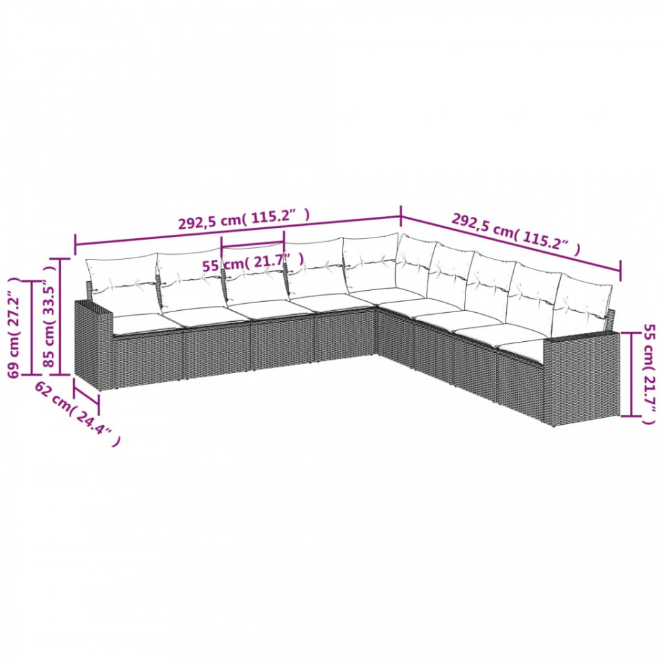 Set mobilier de grădină cu perne, 9 piese, negru, poliratan - 2 | YEO