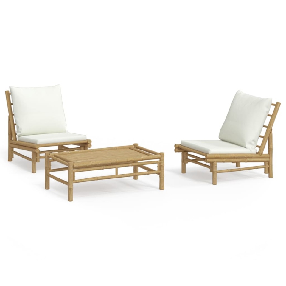 Set mobilier de grădină, cu perne alb crem, 3 piese, bambus - 1 | YEO