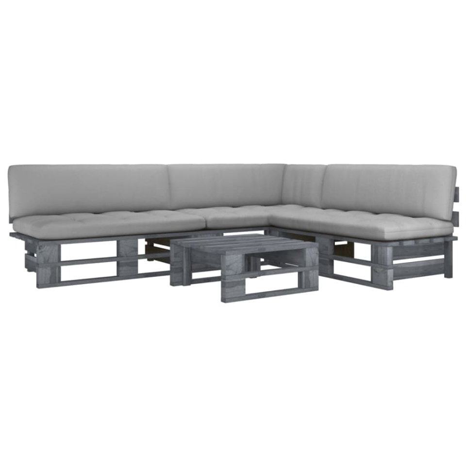 Set mobilier din paleți cu perne, 4 piese, gri, lemn pin tratat