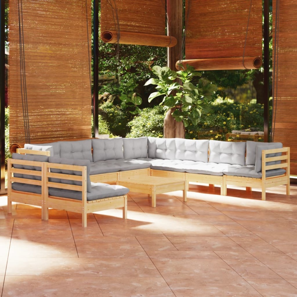 Set mobilier grădină cu perne, 10 piese, gri, lemn masiv pin