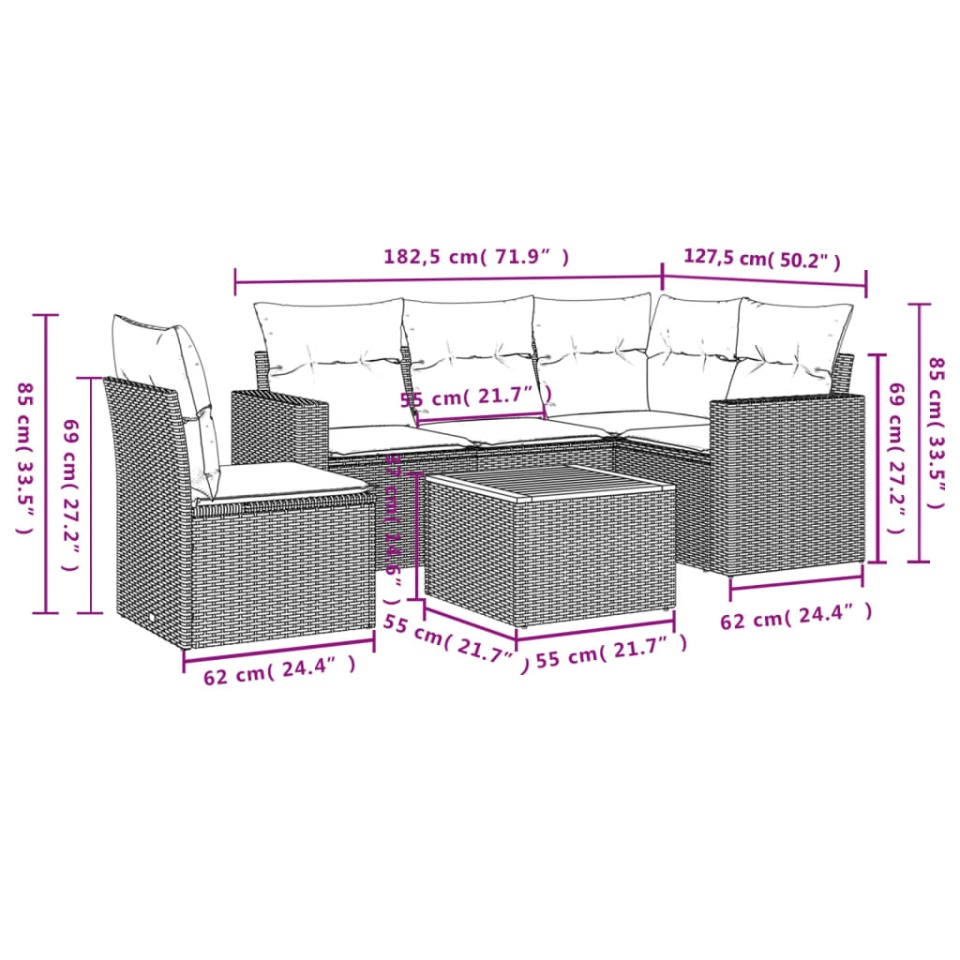 Set mobilier grădină cu perne, 6 piese, gri, poliratan - 2 | YEO