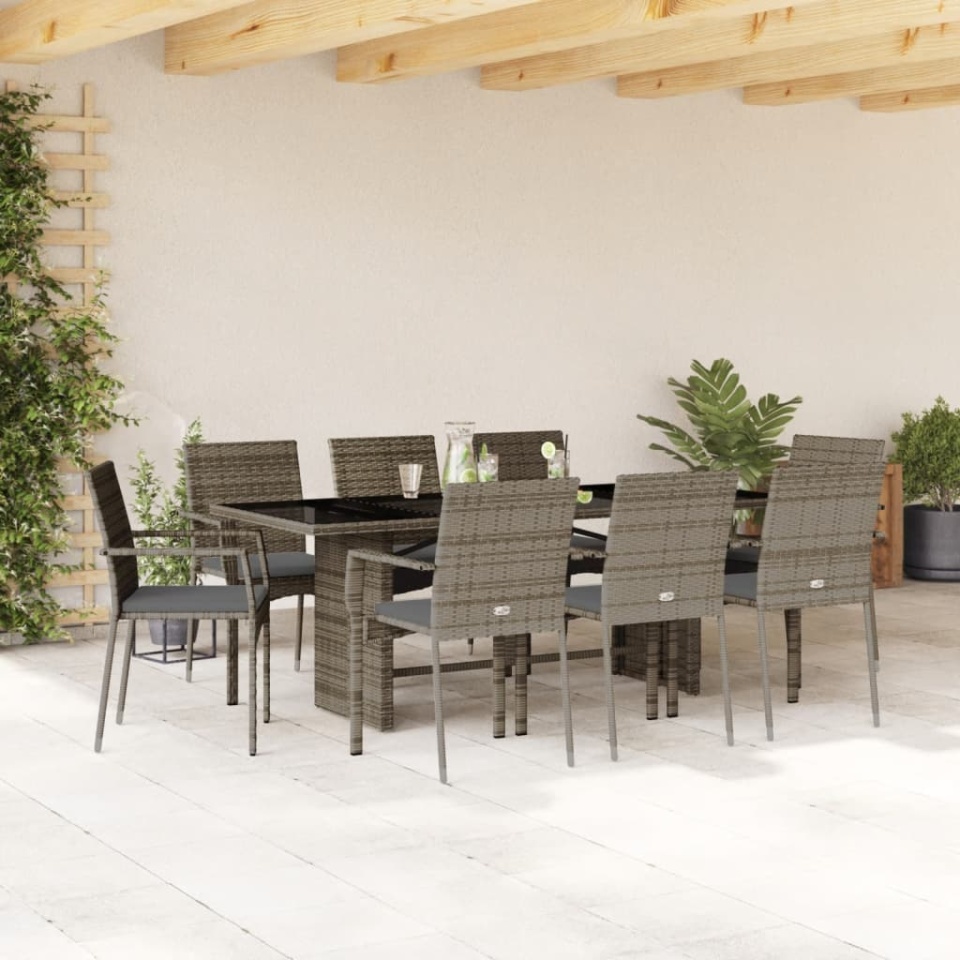 Set mobilier grădină cu perne, 9 piese, gri, poliratan