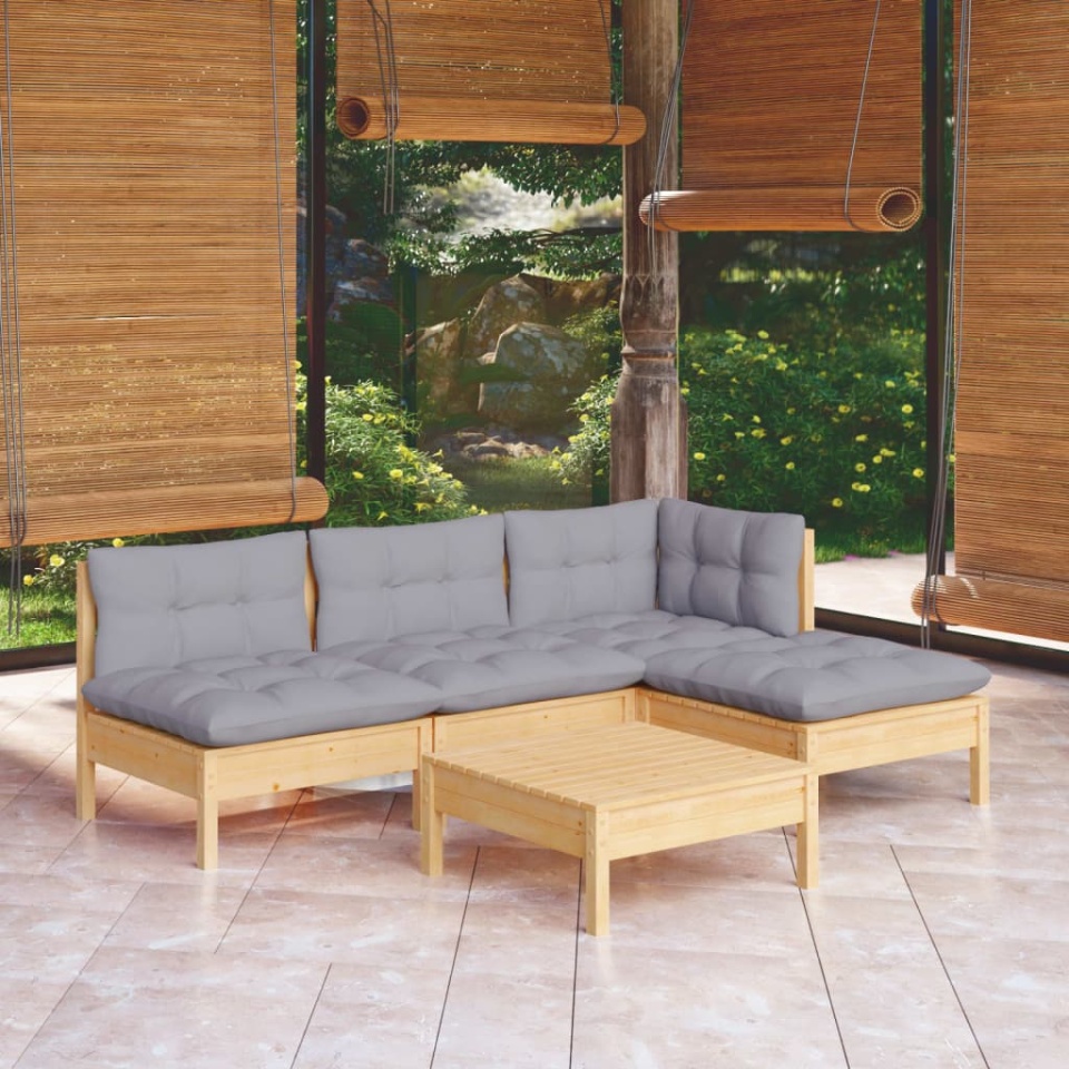 Set mobilier grădină cu perne gri, 5 piese, lemn masiv de pin