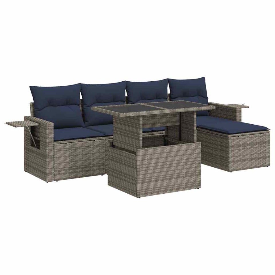 Set mobilier grădină perne 6 piese negru poliratan/lemn acacia - 1 | YEO