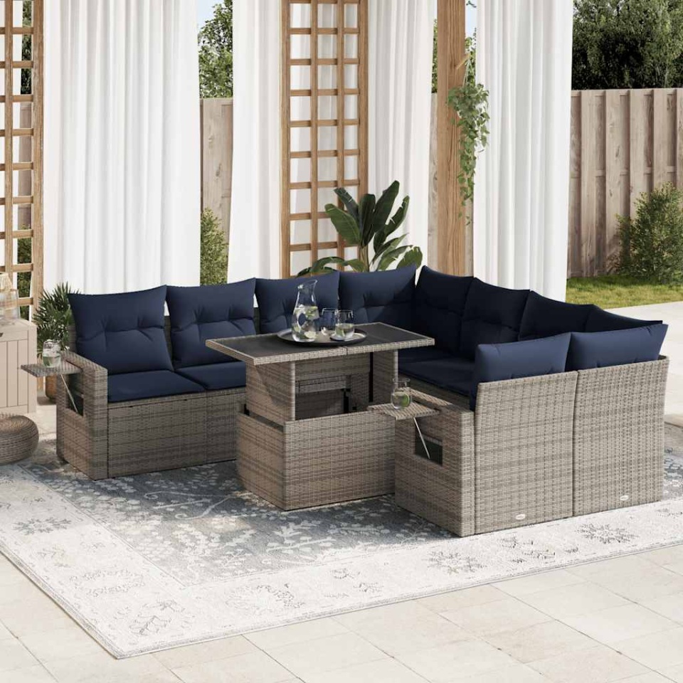 Set mobilier grădină perne 9 piese negru poliratan/lemn acacia