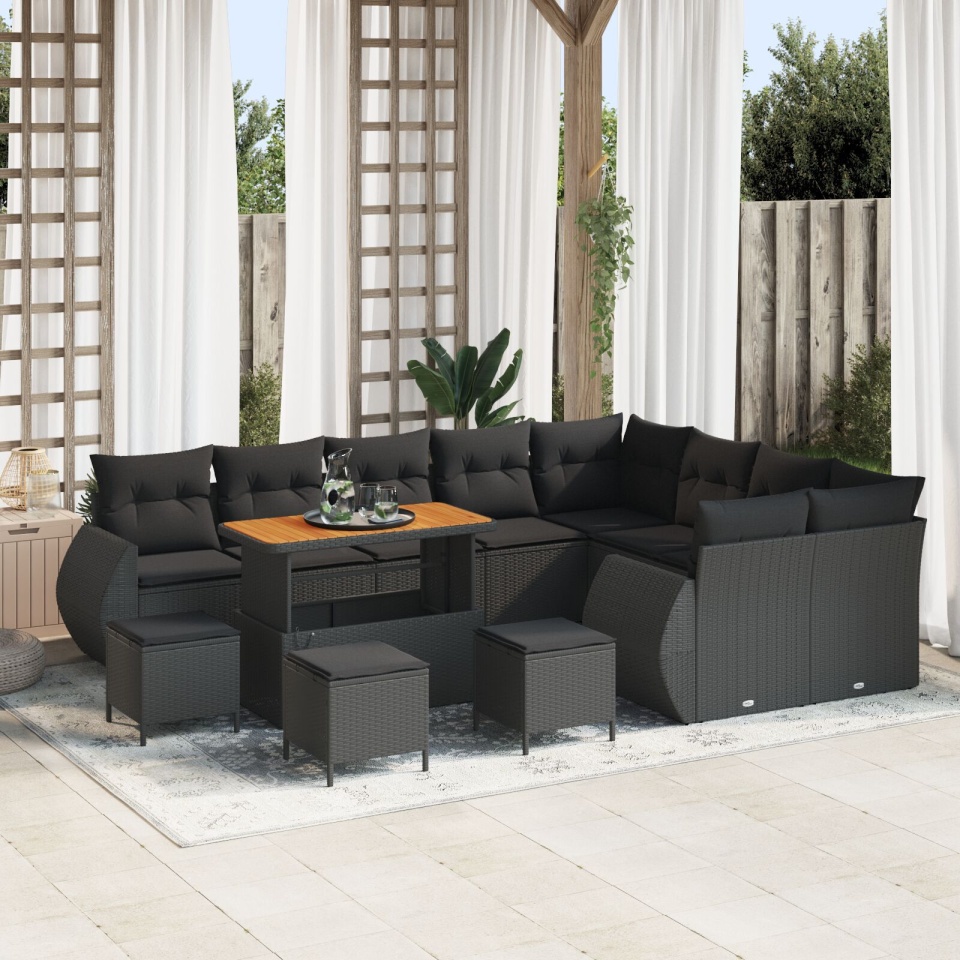 Set Sofa Grădină 12 Piese cu Perne Negru Ratan Poli Akacia, Set Dining Grădină 3 Piese cu Perne Negru Ratan Poli Akacia