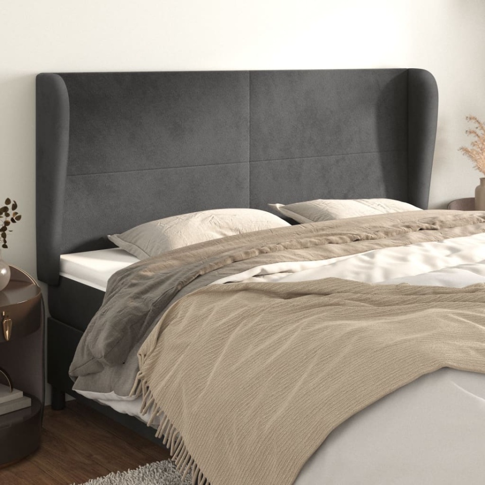 Tăblie de pat cu aripioare gri închis 183x23x118/128 cm catifea