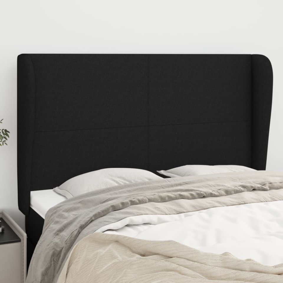 Tăblie de pat cu aripioare, negru, 147x23x118/128 cm, textil