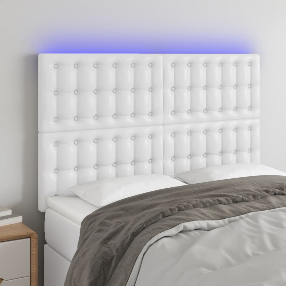 Tăblie de pat cu LED, alb, 144x5x118/128 cm, piele ecologică