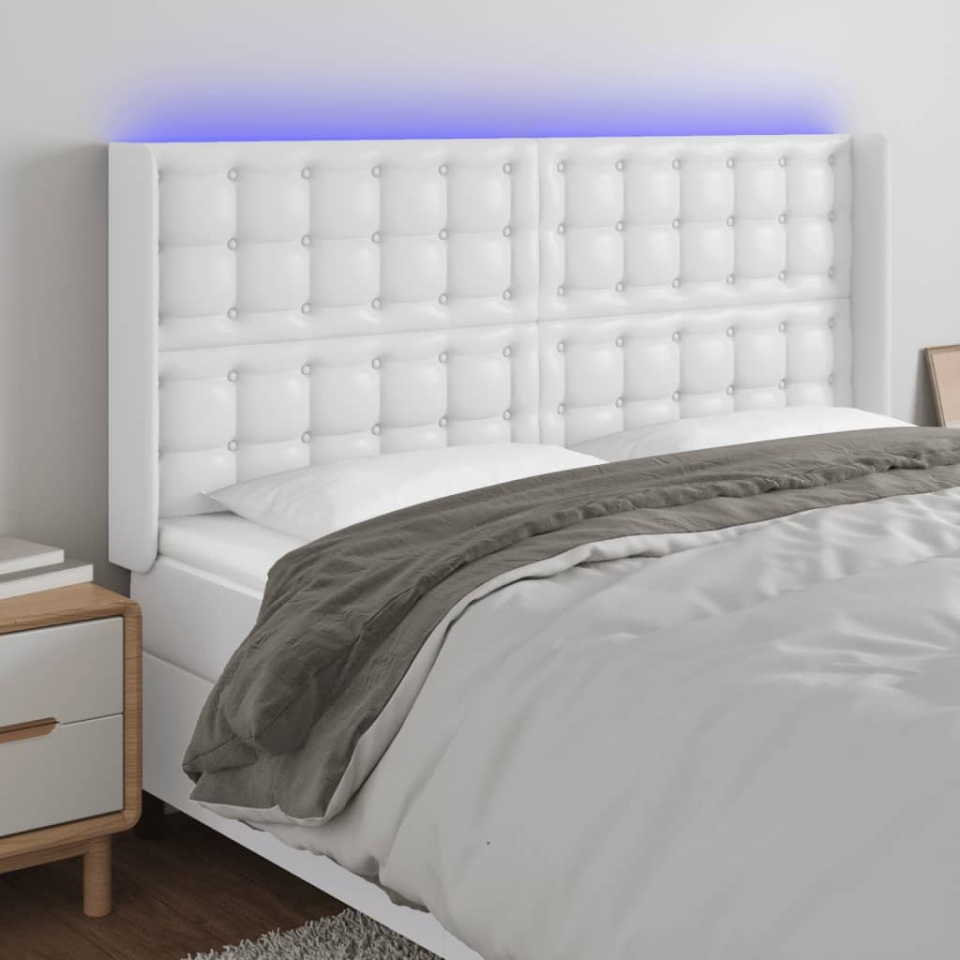Tăblie de pat cu LED, alb, 147x16x118/128 cm, piele ecologică