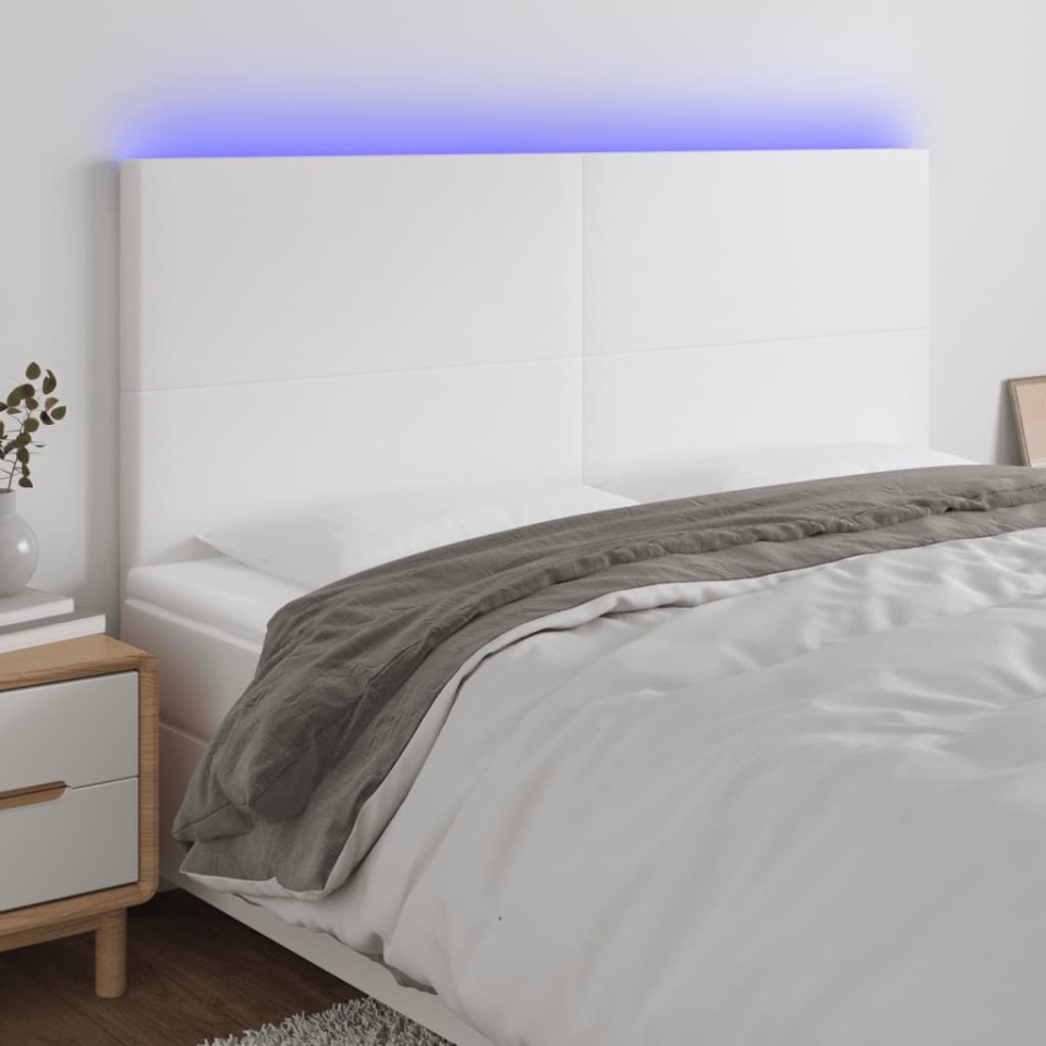 Tăblie de pat cu LED, alb, 180x5x118/128 cm, piele ecologică