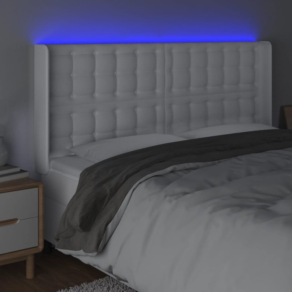 Tăblie de pat cu LED, alb, 203x16x118/128 cm, piele ecologică - 3 | YEO