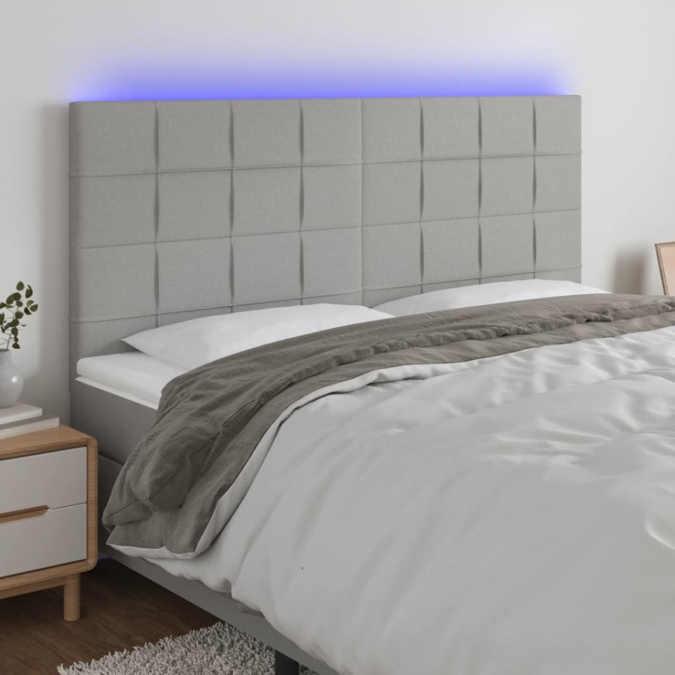 Tăblie de pat cu LED, gri deschis, 180x5x118/128 cm, textil