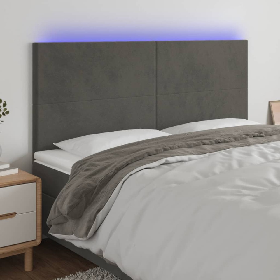 Tăblie de pat cu LED, gri închis, 180x5x118/128 cm, catifea