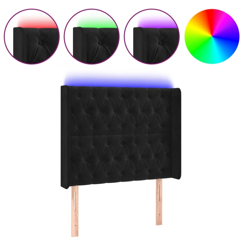 Tăblie de pat cu LED, negru, 93x16x118/128 cm, catifea - 1 | YEO