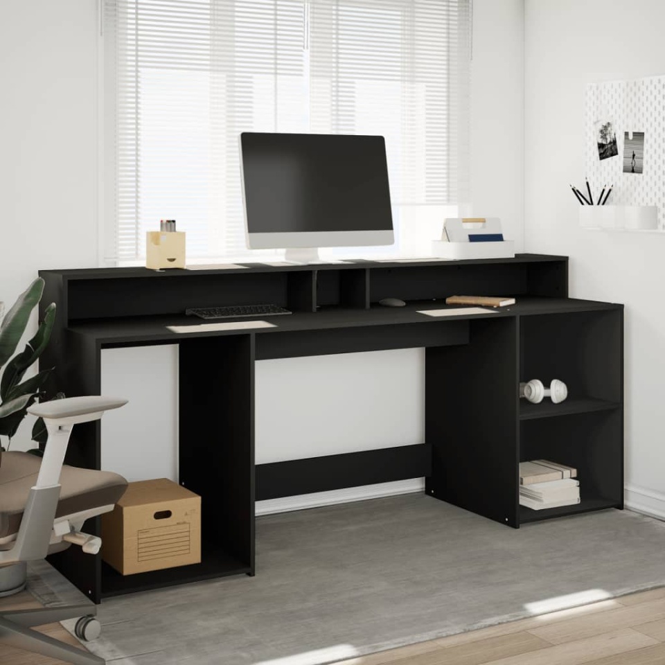 Birou cu lumini LED, negru, 200x55x91 cm, lemn prelucrat - 3 | YEO