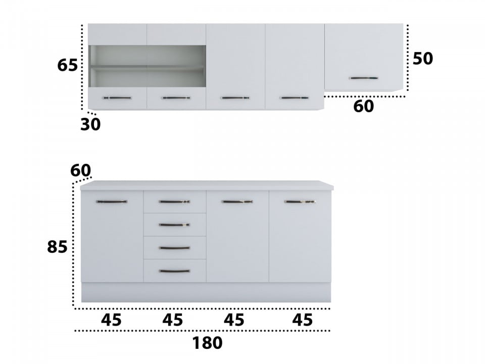 Bucatarie Alfa 240, Corp hota, Cu vitrina, alb, Blat termic alb