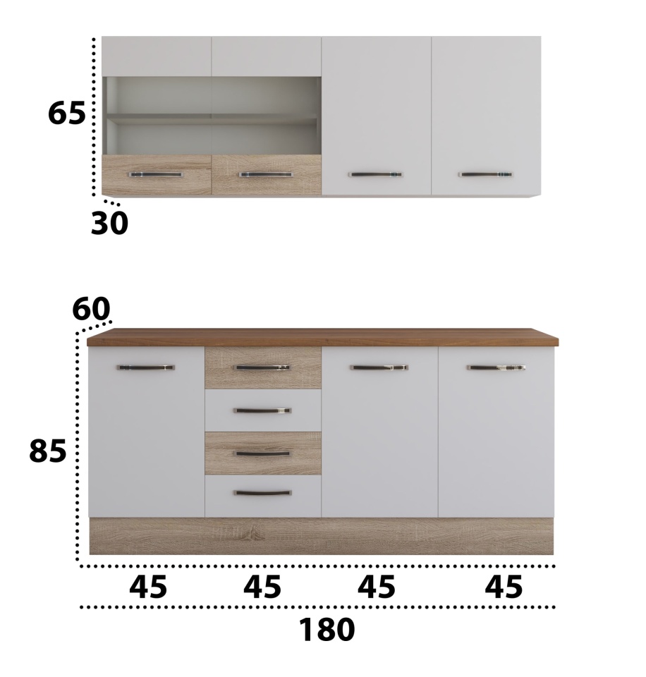 Bucatarie alfa cu vitrina 180 cm, alb / sonoma, blat termic nuc - 3 | YEO
