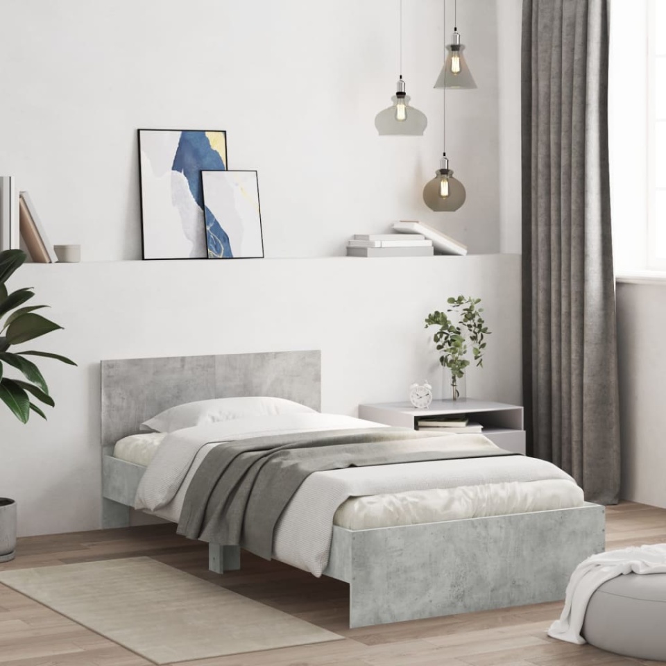 Cadru de pat cu tăblie gri beton 100x200 cm lemn prelucrat