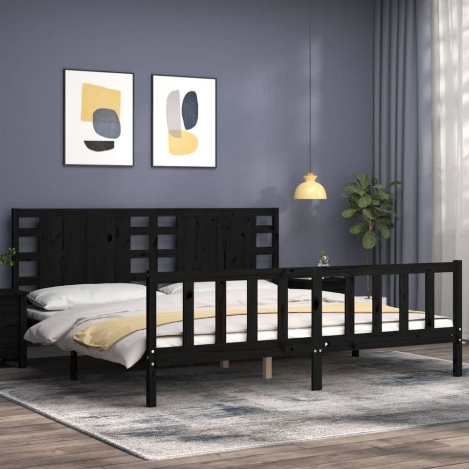 Cadru pat cu tăblie 200x200 cm, negru, lemn masiv - 2 | YEO