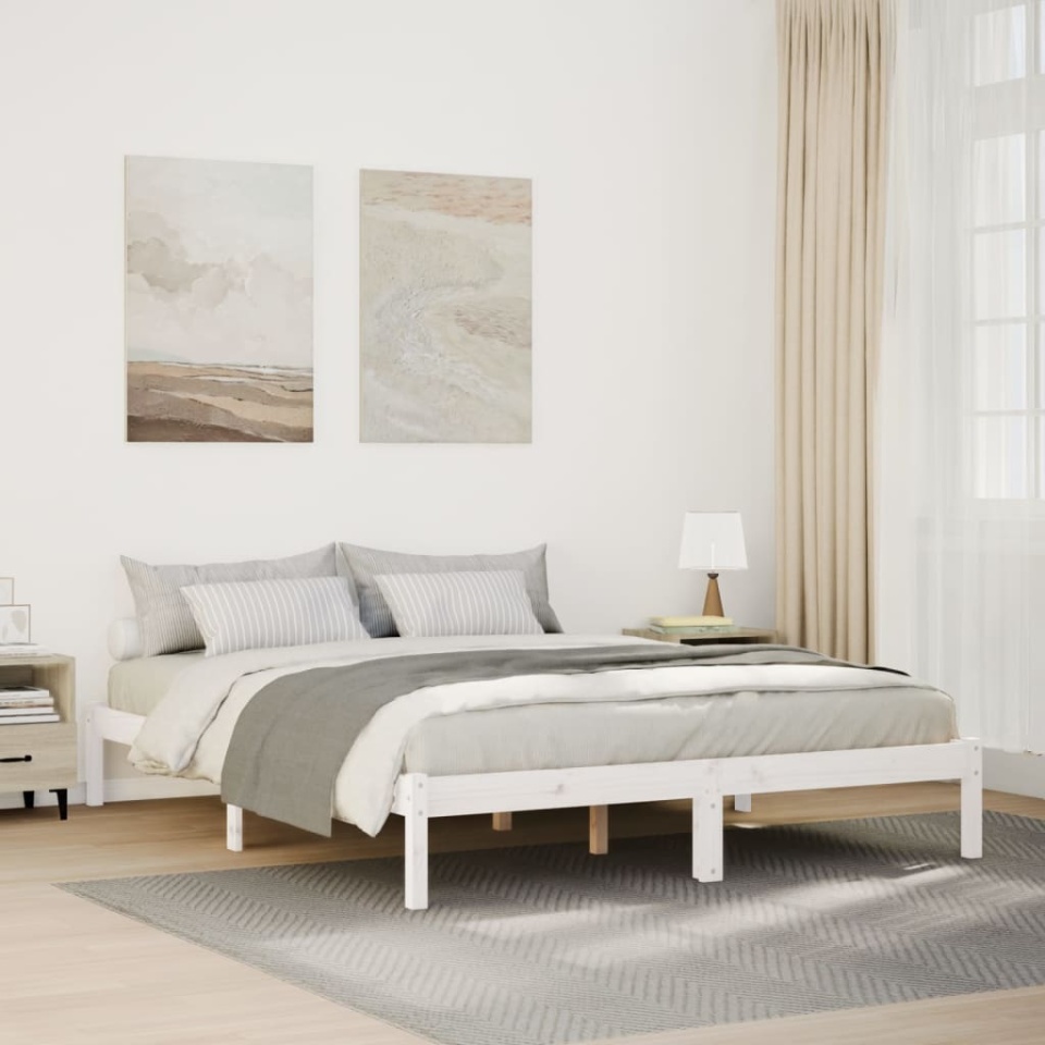 Cadru pat foarte lung fără saltea alb 160x210 cm lemn masiv pin