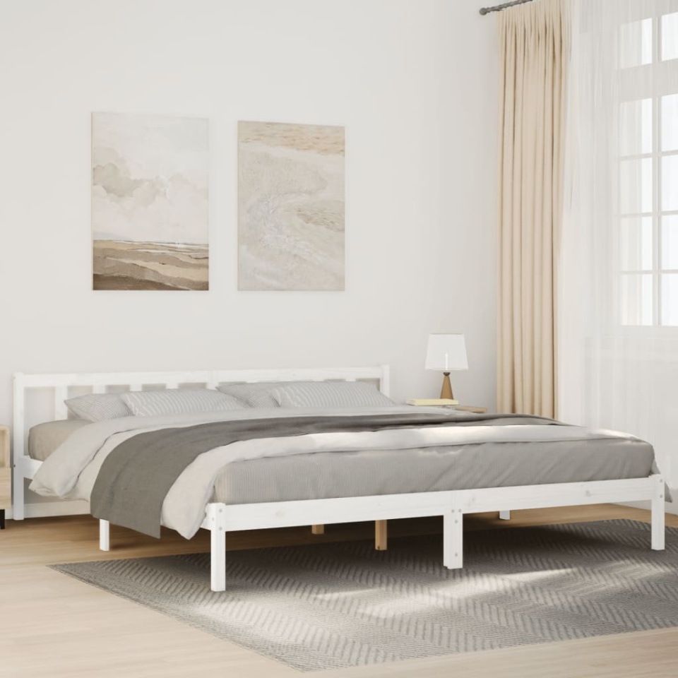 Cadru pat foarte lung fără saltea alb 200x220 cm lemn masiv pin