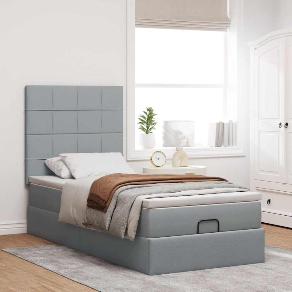 Cadru pat otoman cu saltea țesătură gri deschis 100x200cm - 3 | YEO