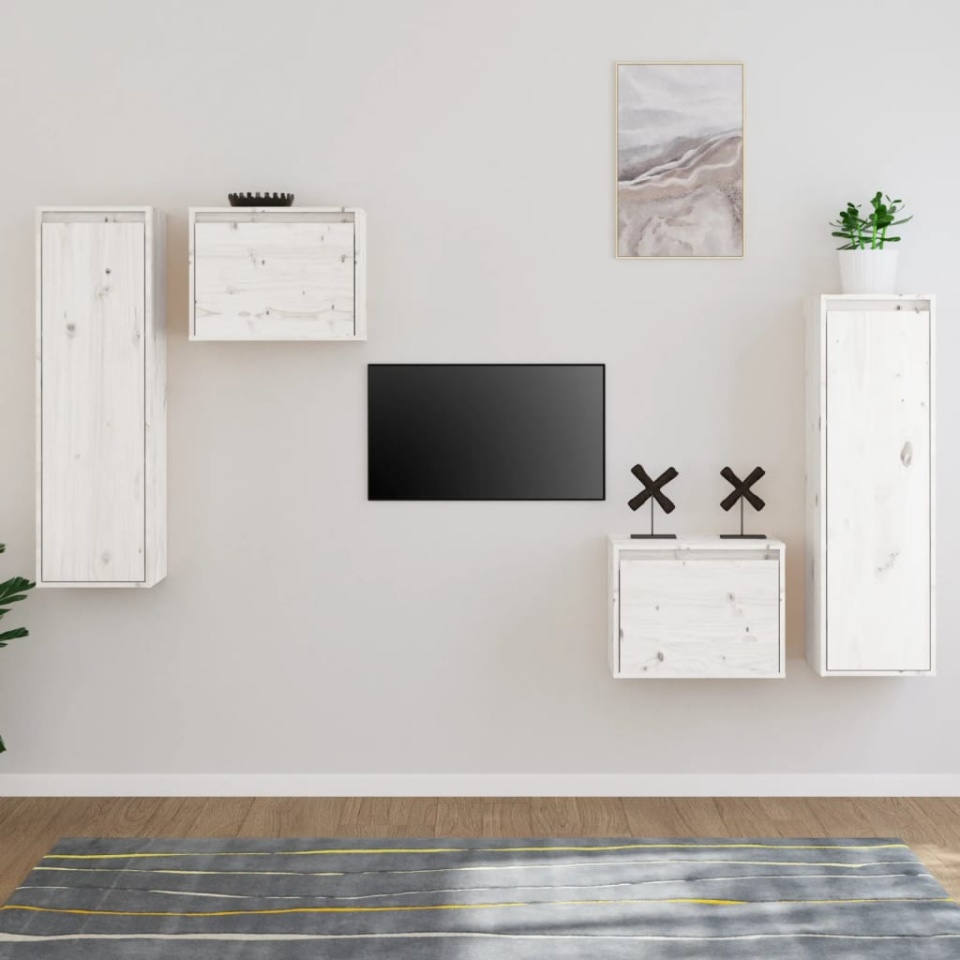 Comode TV, alb, 4 buc., lemn masiv de pin