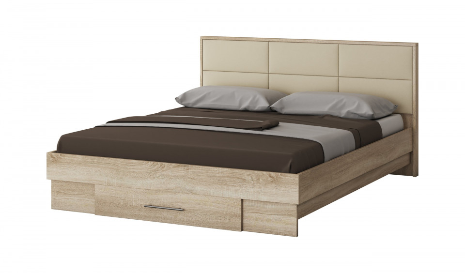 Dormitor Solano, sonoma, dulap 183 cm, pat cu tablie tapitata crem 140×200 cm, 2 noptiere, comoda - 1 | YEO