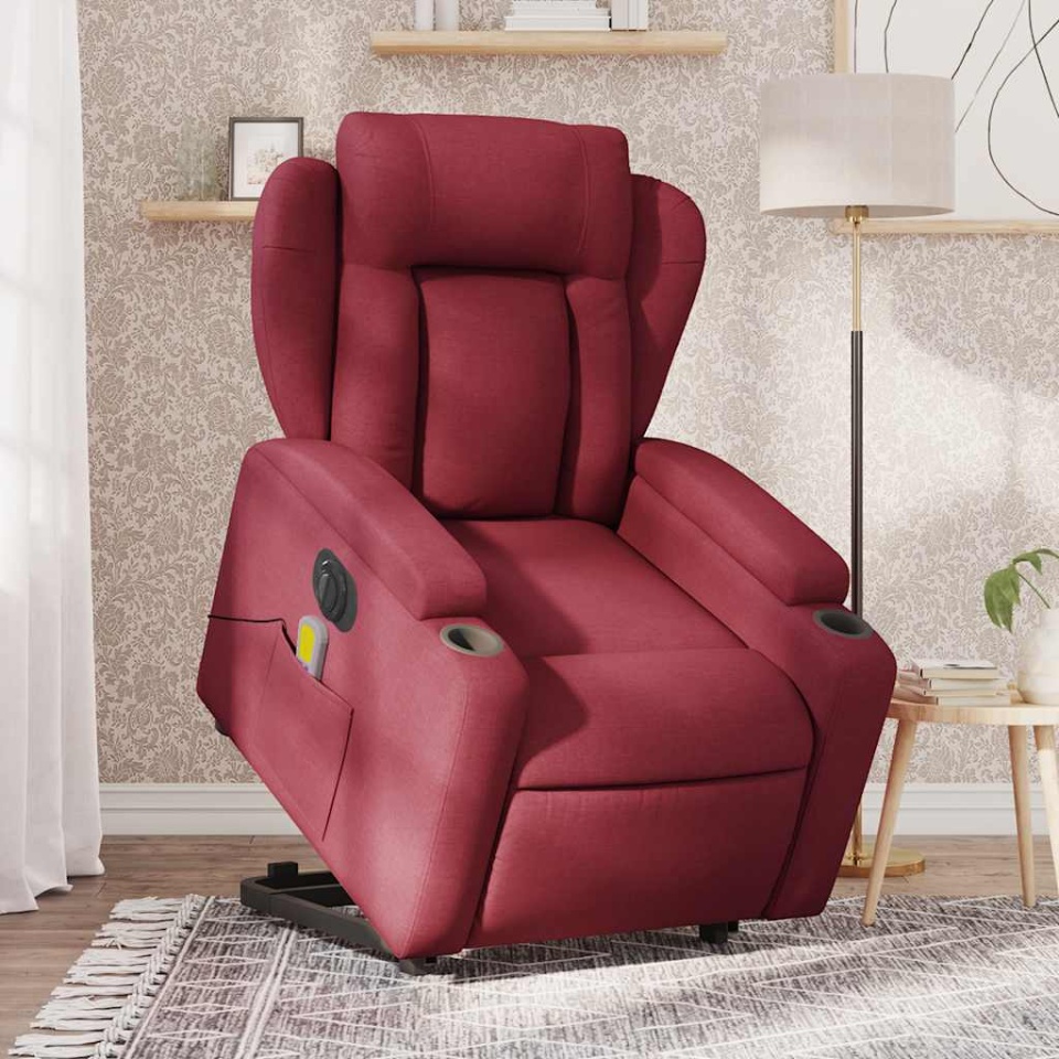 Fotoliu de masaj electric rabatabil cu ridicare roșu vin textil