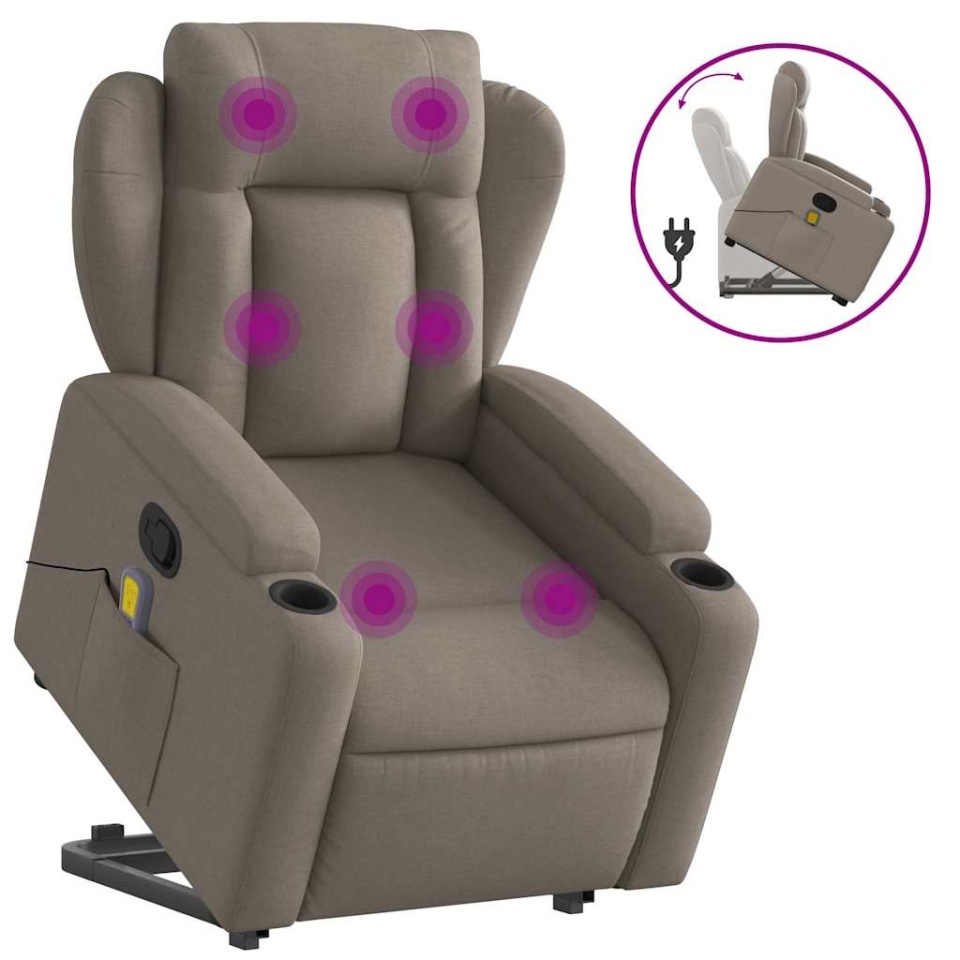 Fotoliu rabatabil de masaj cu ridicare, gri taupe, textil - 1 | YEO