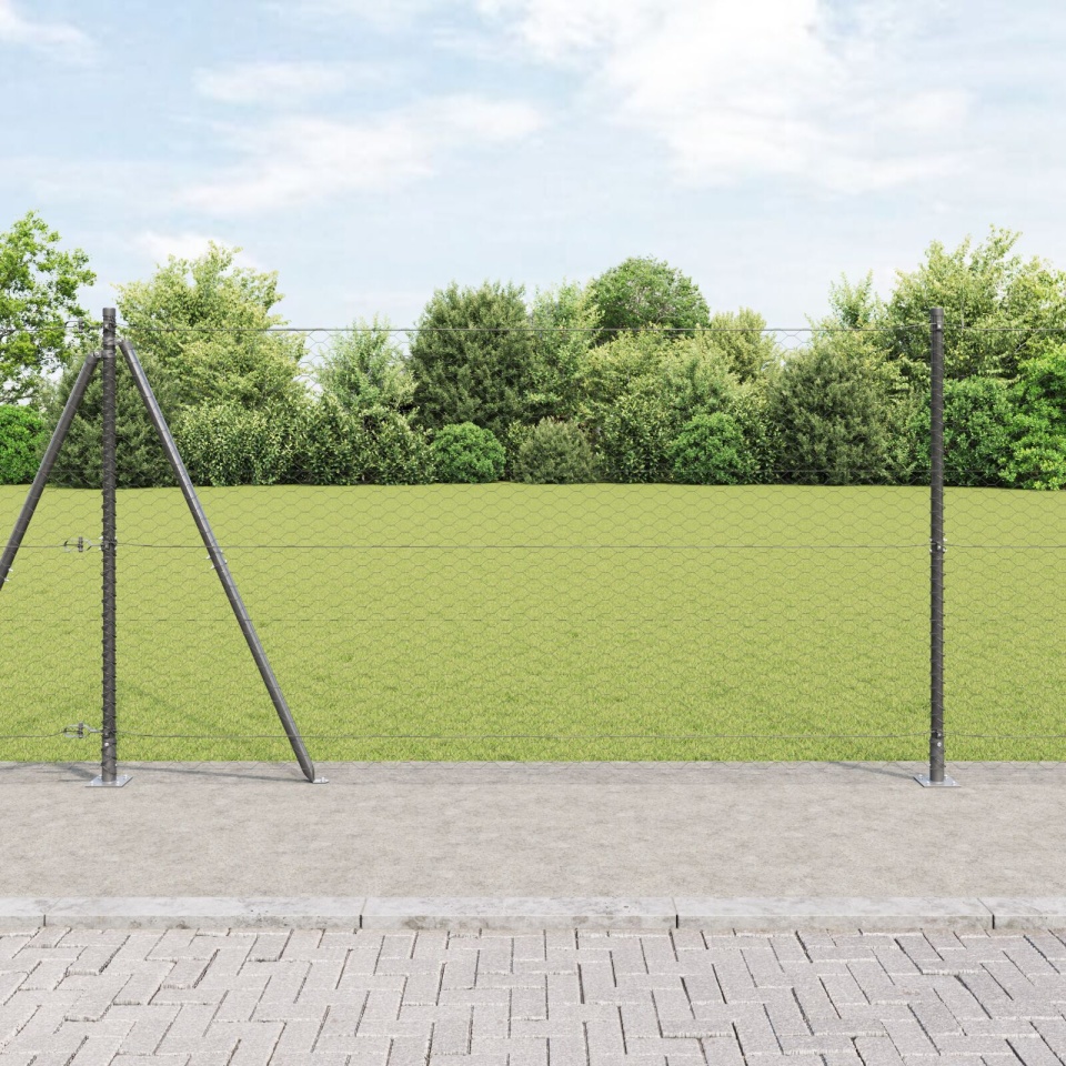 Gard Hexagonal Gri 1.6x25 m din Oțel, Stâlpi de Gard cu Baze 13 pcs Ø32mm 88.5cm Oțel Zincat