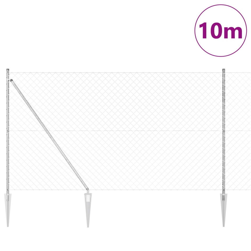 Împrejmuire cu plasă de lanț cu 7 stâlpi de ancorare 1.5x10 m Oțel zincat