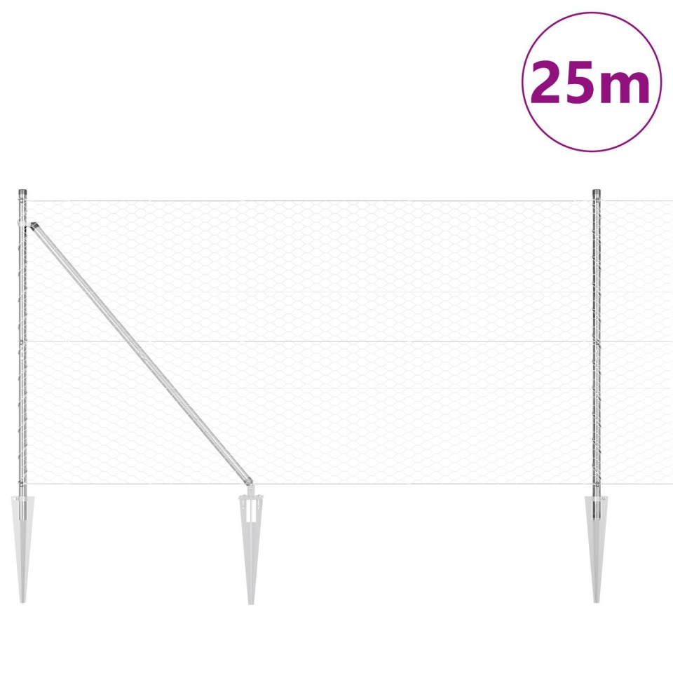 Împrejmuire Hexagonală 1.4x25 m Oțel Galvanizat, Stâlpi de Împrejmuire cu Spike 13 buc Ø32 mm 160 cm Oțel Galvanizat - 2 | YEO