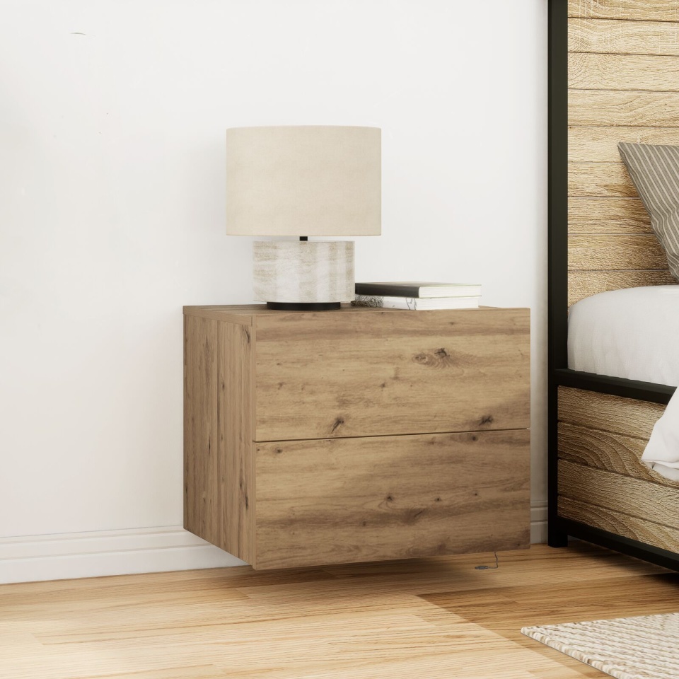 Noptiere cu lumini LED, montate pe perete, 2 buc, Stejar Artisan