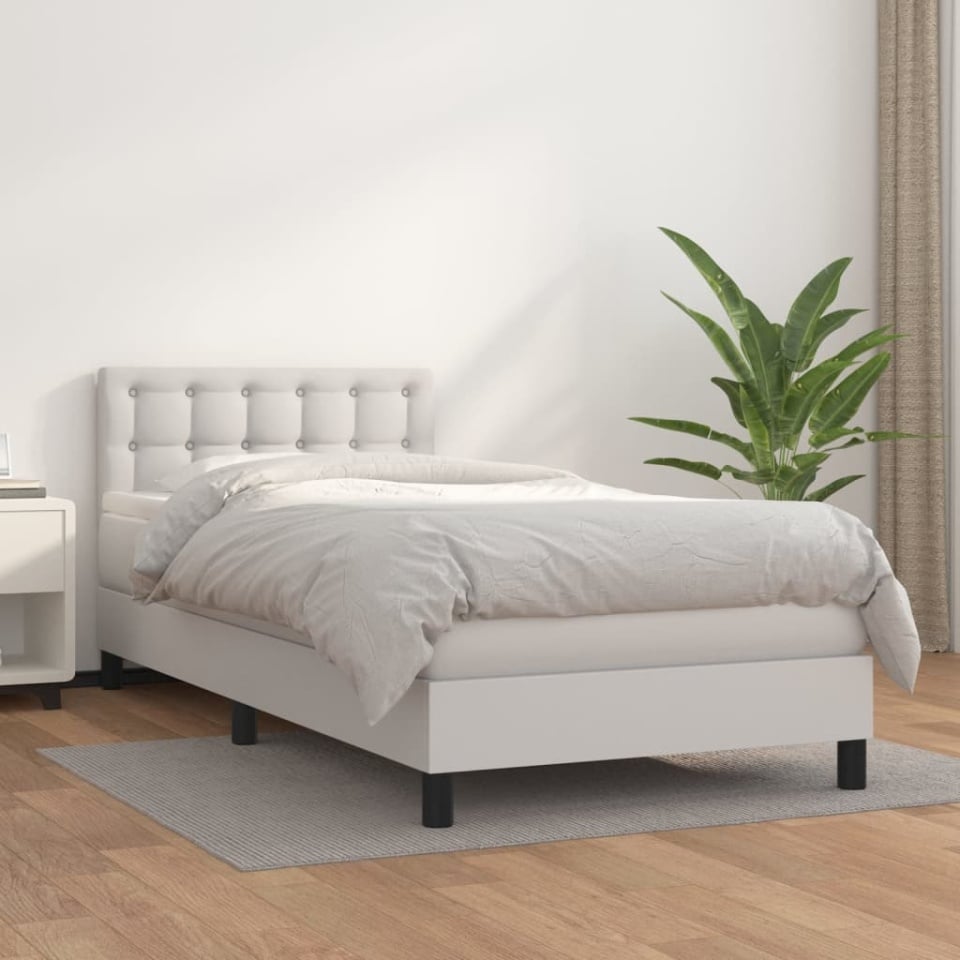 Pat box spring cu saltea, alb, 90x190 cm, piele ecologică