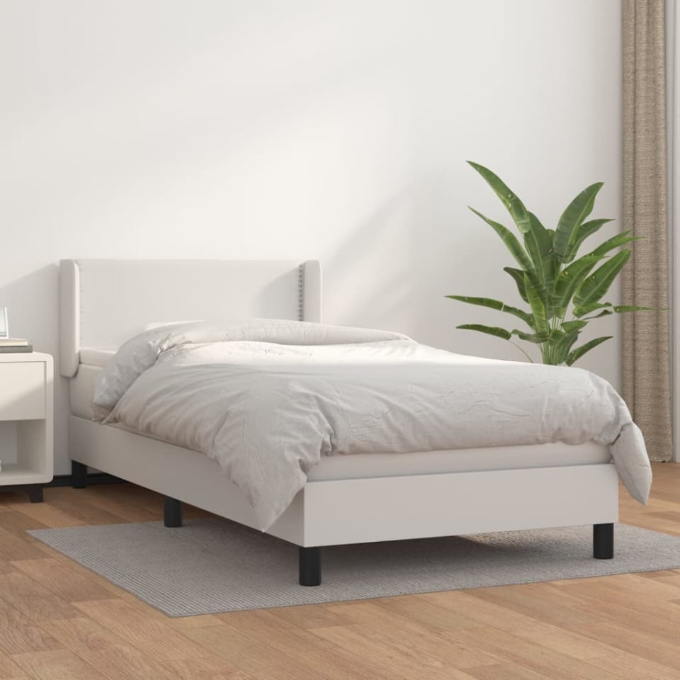 Pat box spring cu saltea, alb, 90x200 cm, piele ecologică