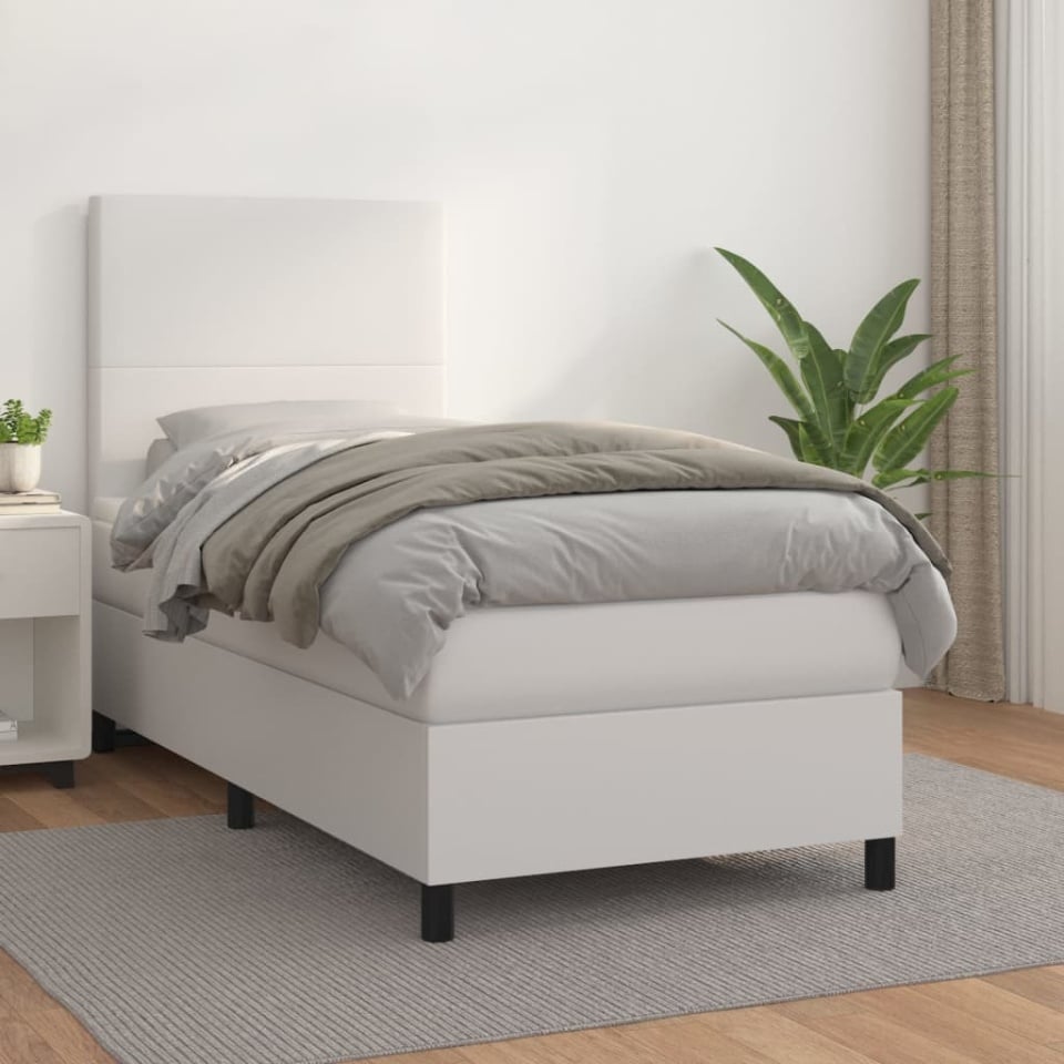 Pat box spring cu saltea, alb, 90x200 cm, piele ecologică