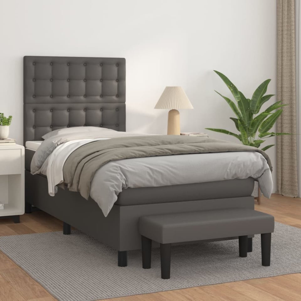 Pat box spring cu saltea, gri, 100x200 cm, piele ecologică