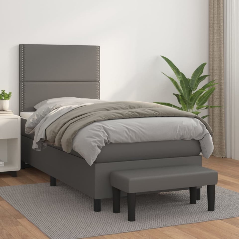 Pat box spring cu saltea, gri, 100x200 cm, piele ecologică