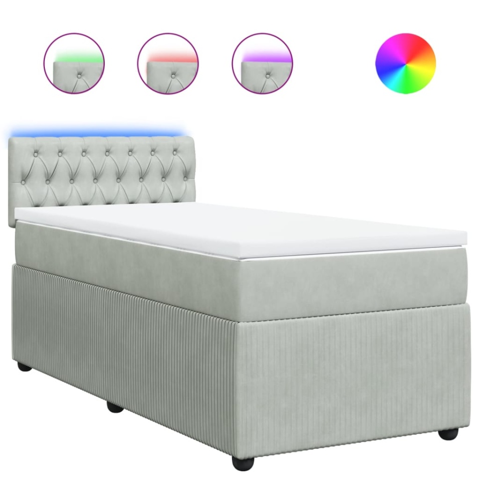 Pat box spring cu saltea, gri deschis, 90x190 cm, catifea - 1 | YEO