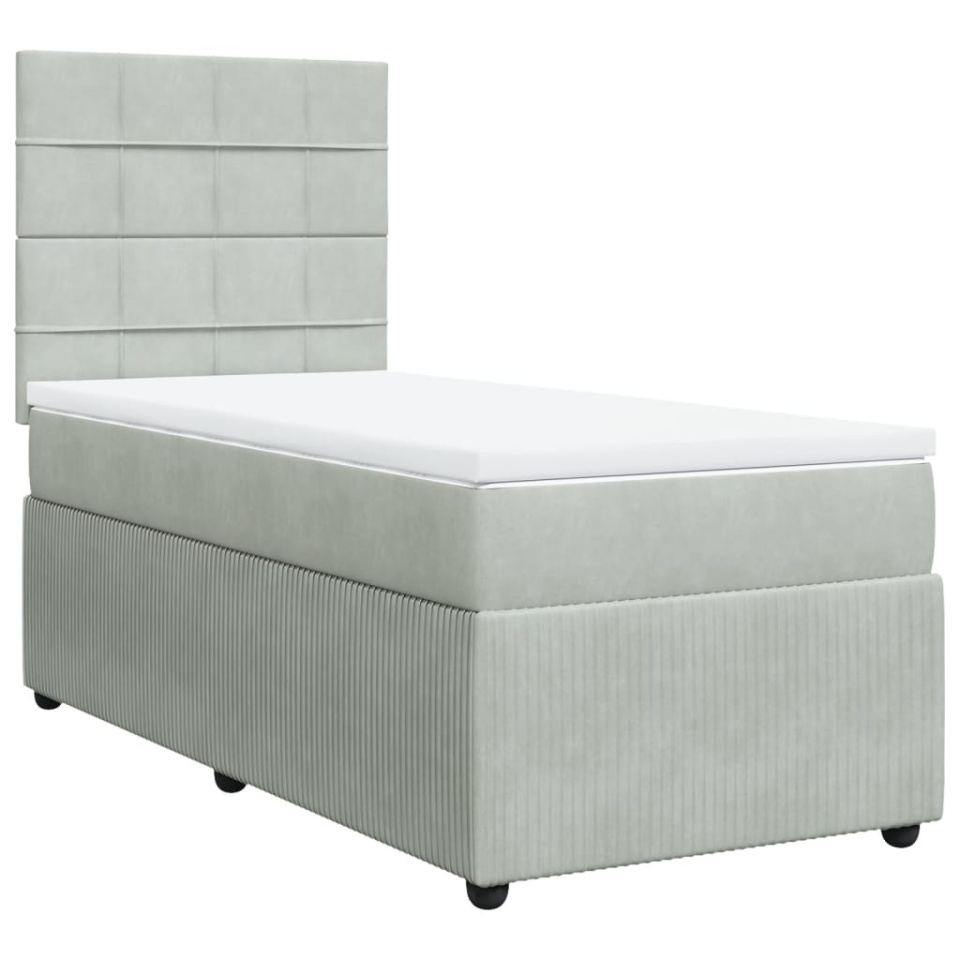 Pat box spring cu saltea, gri deschis, 90x190 cm, catifea - 1 | YEO